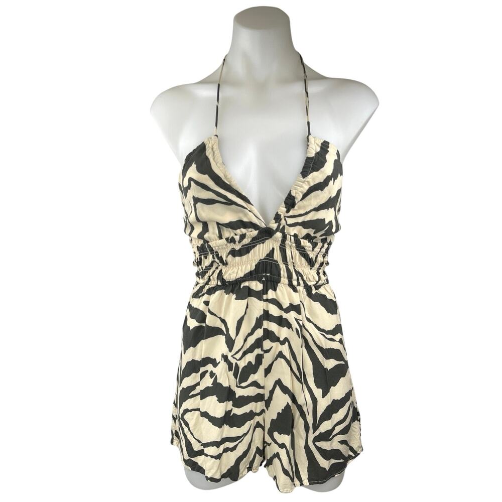 H&M Cream Black Zebra Animal Print Sleeveless Halter Ruched Romper Shorts Size S